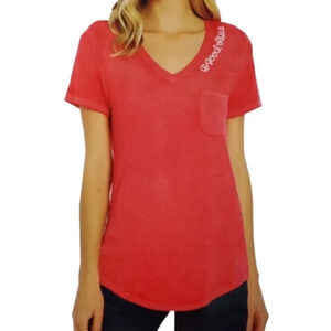 Peace & Pearls Womens XL Red Burnout V Neck Tee Top Peace Sign Good Vibes Pocket